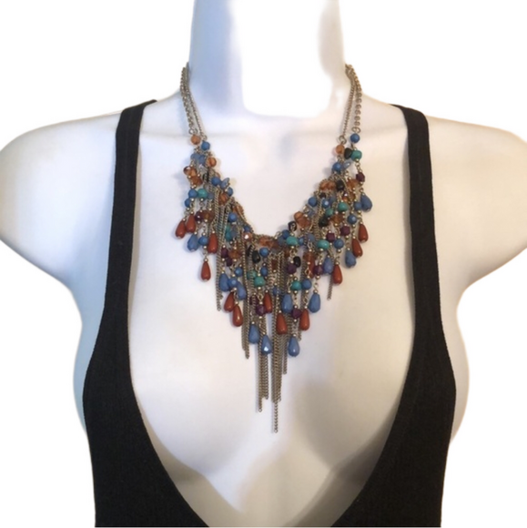 Bundle lot 2 chain fringe beaded statement necklaces layering layered look - Picture 7 of 8